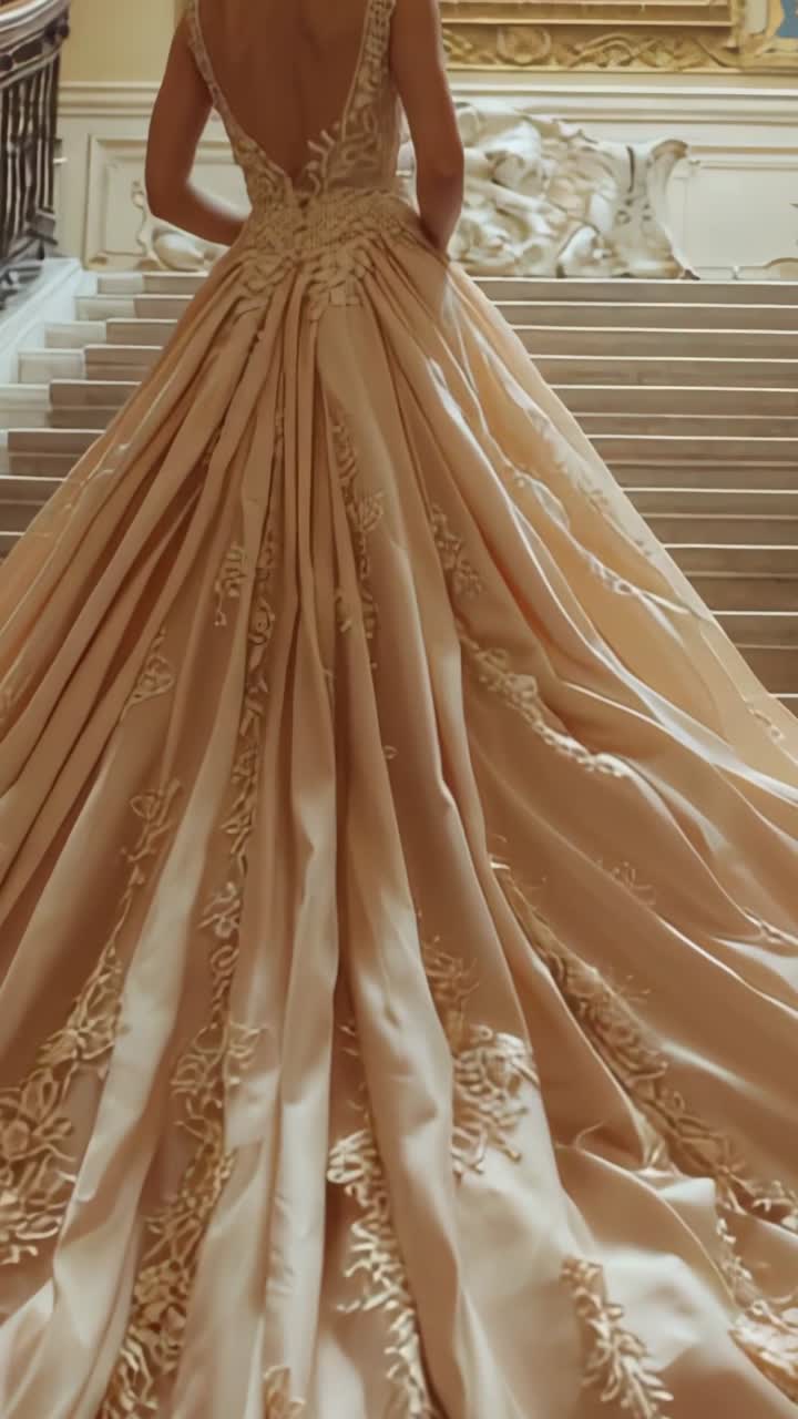 Vertical video: After adjusting skirt, woman climbing stairs at mansion to showcase ivory train