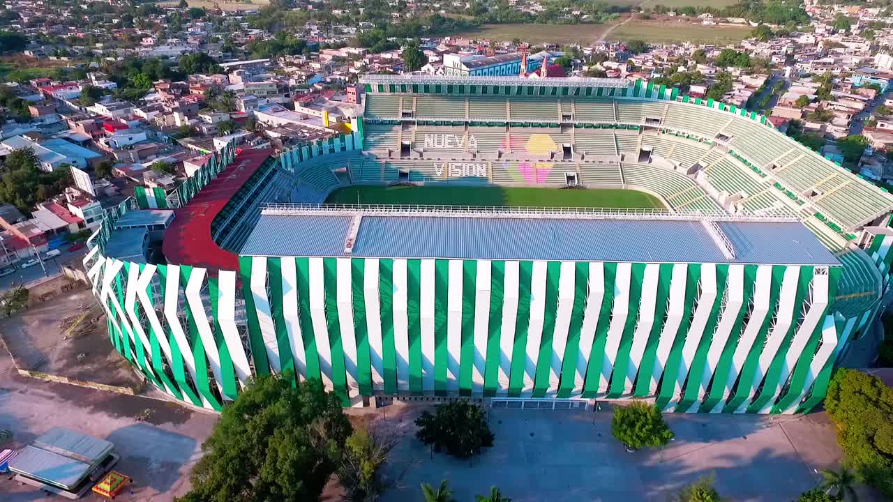 Estadio Agustín Coruco Díaz football stadium, aerial, backward move video.