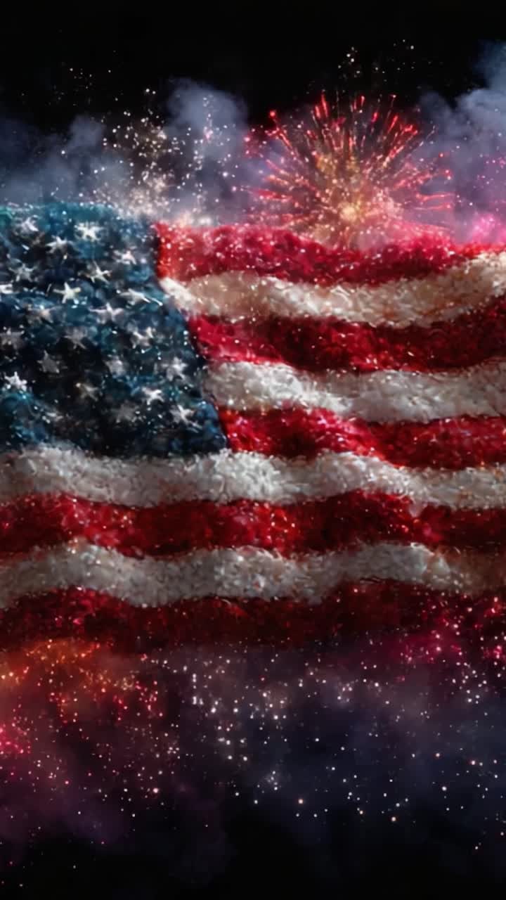A Stunning Celebration of Patriotism: The American Flag Dazzlingly Illuminated by Fireworks Against a Night Sky, Symbolizing Freedom and Unity