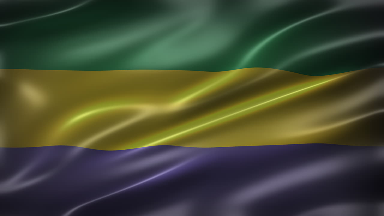 la bandera de la república gabonesa, cuadro completo, vista frontal, brillante, revoloteante, elegante textura sedosa, ondeando en el viento, animación realista de 4k cg, elegante, aspecto de película, sin costuras de bucle