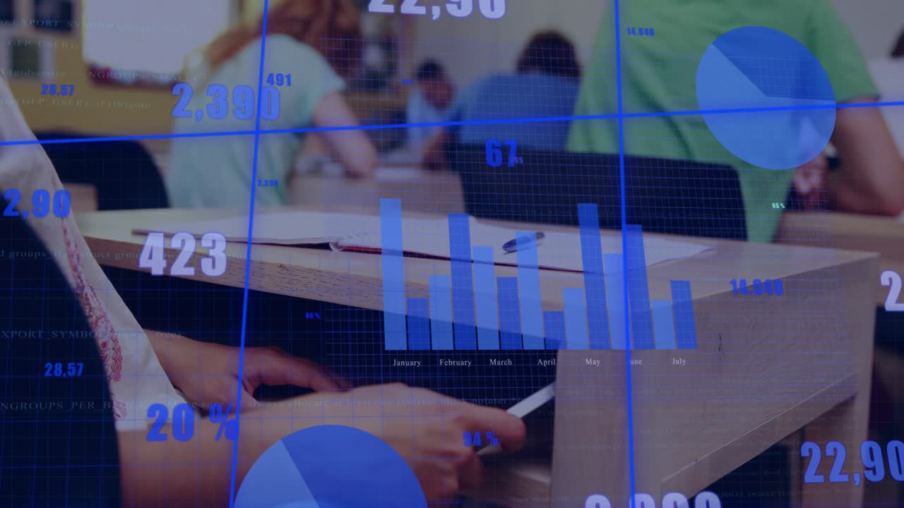 Female student leaning over notes and tapping device as blue charts appearing for class analysis