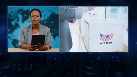 tv news, reporter woman and studio for election