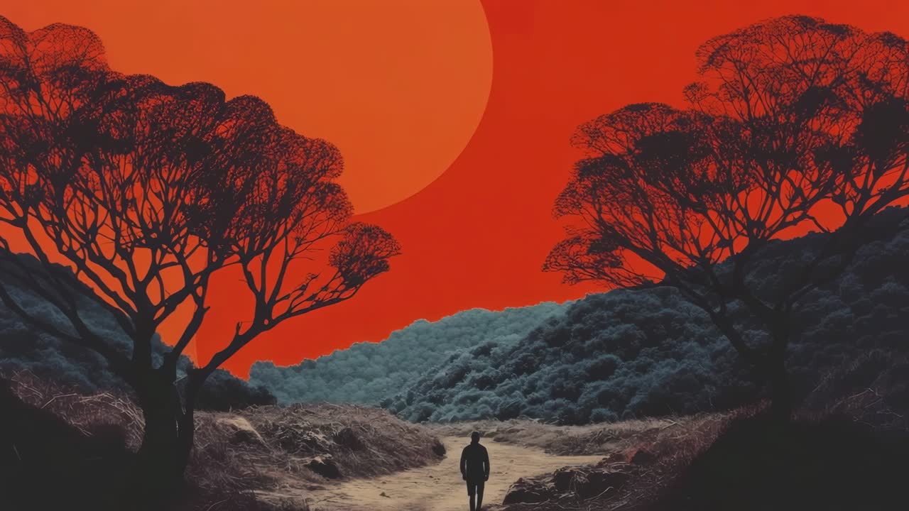 Paesaggio surreale con una figura solitaria che cammina sotto un cielo rosso vivido