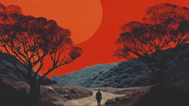 Paesaggio surreale con una figura solitaria che cammina sotto un cielo rosso vivido