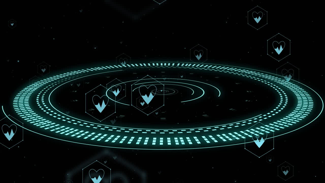 심장 아이콘과 함께 회전하는 디지털 반지, 미래의 건강 모니터링 애니메이션