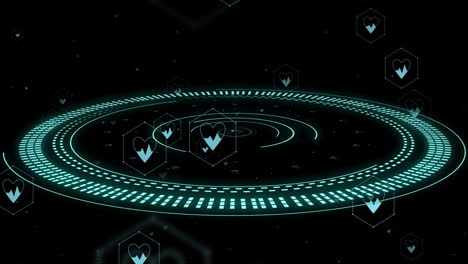 anillos digitales giratorios con íconos de corazón, animación de monitoreo de salud futurista