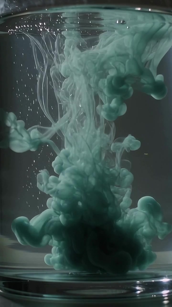 Vertical video: Releasing teal dye from above, plume descending in tall glass, forming filaments