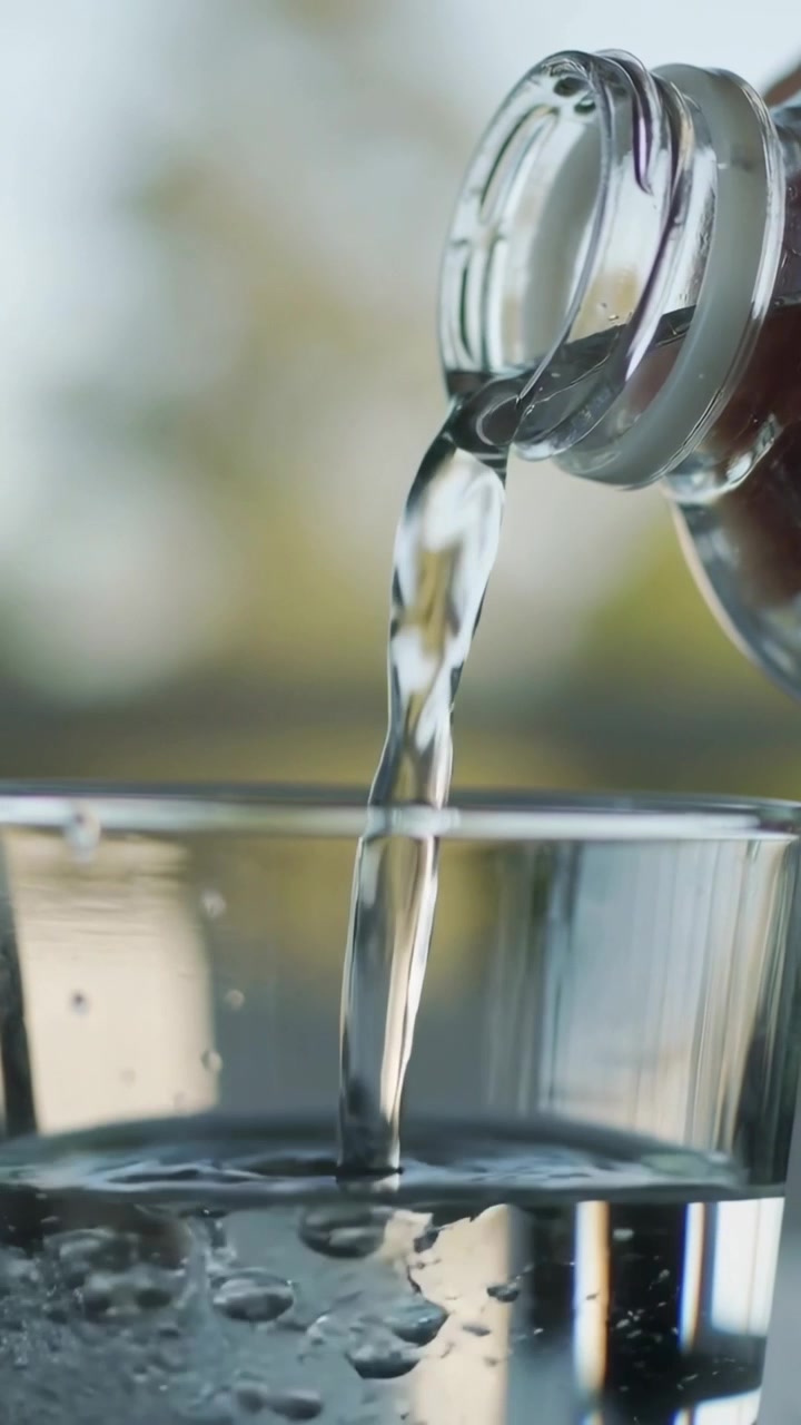 Vertikales Video: Klare Flasche neigt sich und gießt Wasser in einen Glasbecher auf der Arbeitsplatte, bildet Blasen.