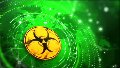 round warning sign with biological hazard. toxic environmental pollution. flying particles, plexus lines and circles from dots. abstract looped green background.