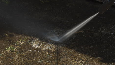 powerful water jet from pressure washer being sprayed on weed and moss on dirty garden tile
