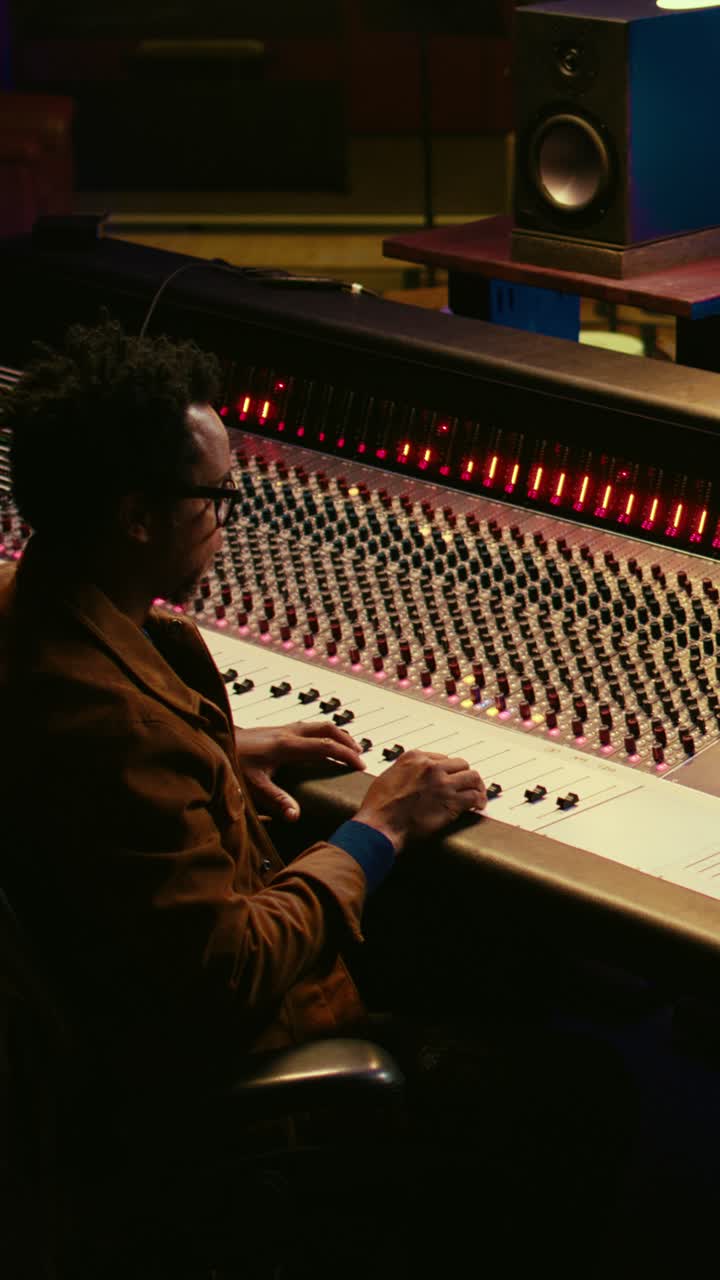Man Adjusting Faders on a Sound Mixing Console in a Recording Studio
