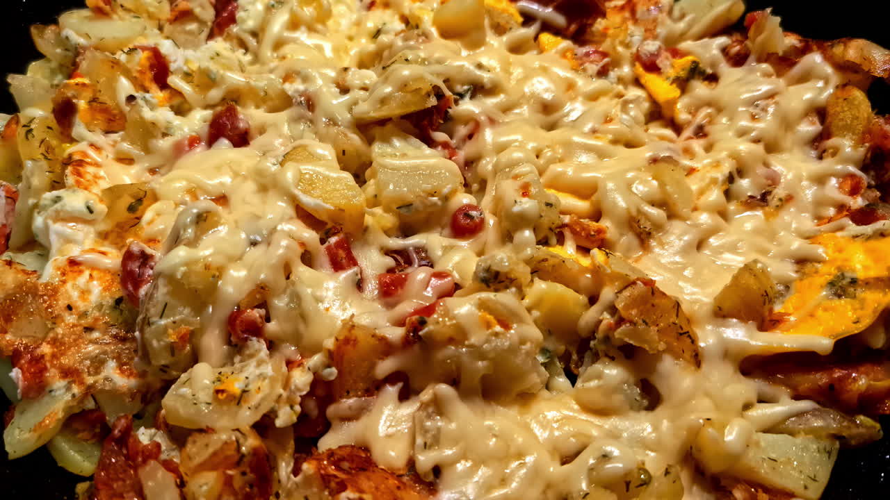 Hot Skillet Full of Fried Potatoes, Melted Cheese, and Sausages on Stovetop