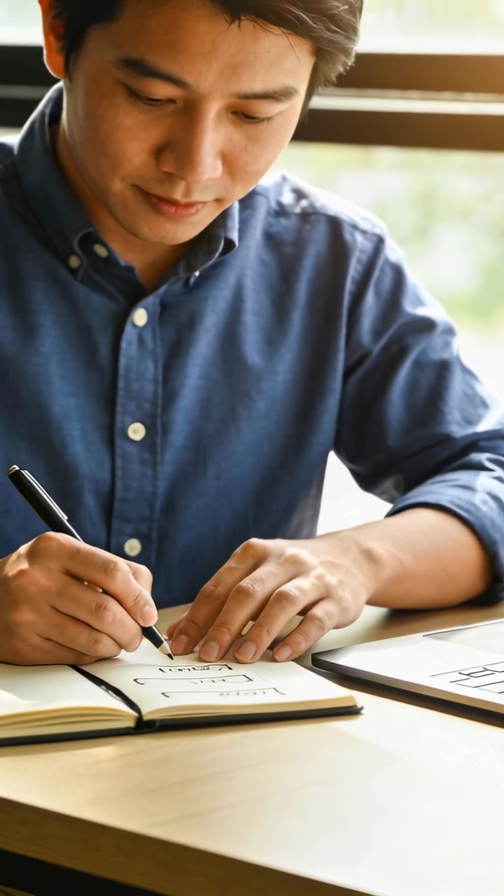 Vertical video: Tapping pen man rolled sleeves drawing diagram in notebook at desk window laptop