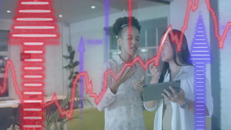 animation of financial data processing over diverse businesswomen in office