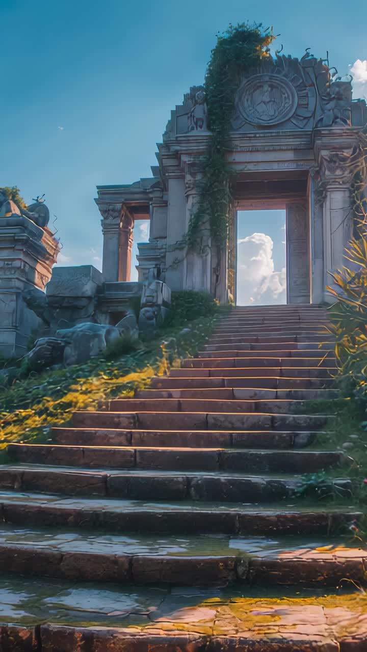 Vertical video: Sliding camera ascending to wide stone steps, framing portal with vines showing sky