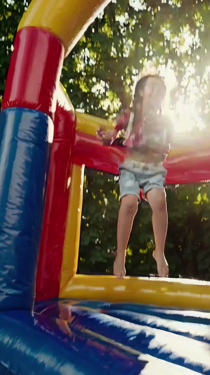 A joyful child jumps in a colorful bouncy castle. Captured from a low angle, the video exudes energy