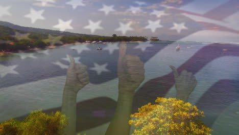 animation of flag of usa blowing over okay hands on beach landscape