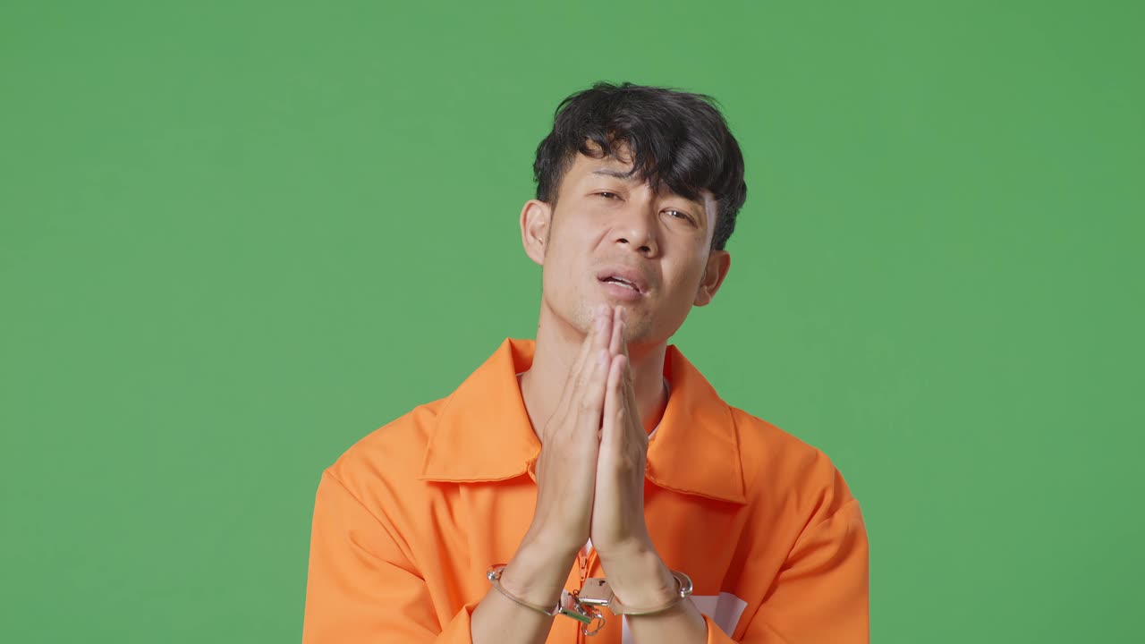 녹색 스크린 배경에 서서 무언가를 요청하는 기도 손 제스처를 하는 수갑을 입은 아시아 남성 수감자의 클로즈업