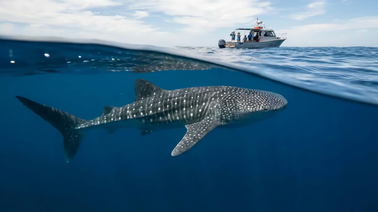Squalo balena nell'oceano con una barca sullo sfondo