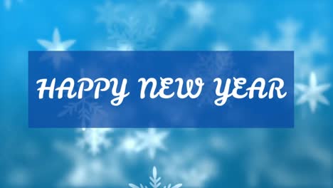 Animation-of-happy-new-year-greetings-over-snow-falling-on-blue-background