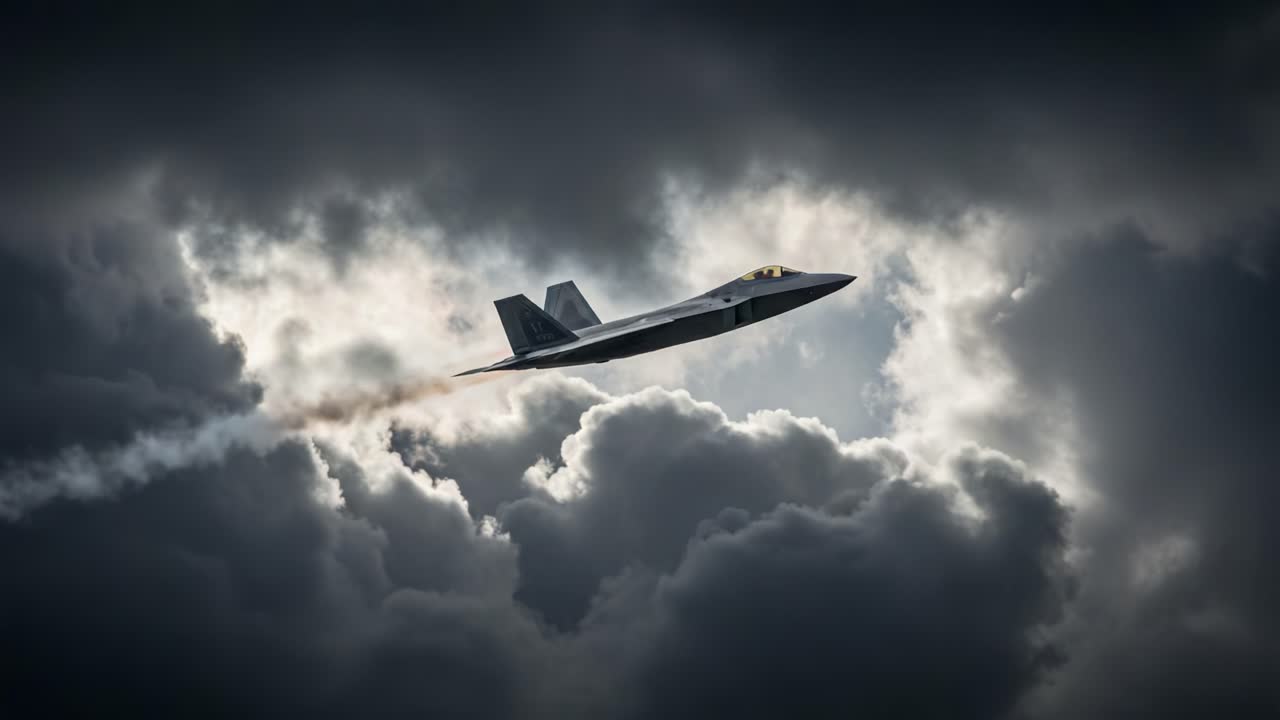 A Look at an Agile Fighter Jet Maneuvering Through Dramatic Cloudscapes, Leaving a Vapor Trail in the Darkened Sky, Showcasing Power and Precision in Flight