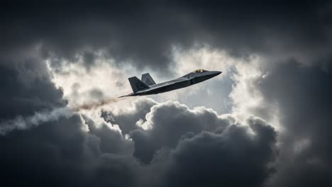 a look at an agile fighter jet maneuvering through dramatic cloudscapes, leaving a vapor trail in the darkened sky, showcasing power and precision in flight
