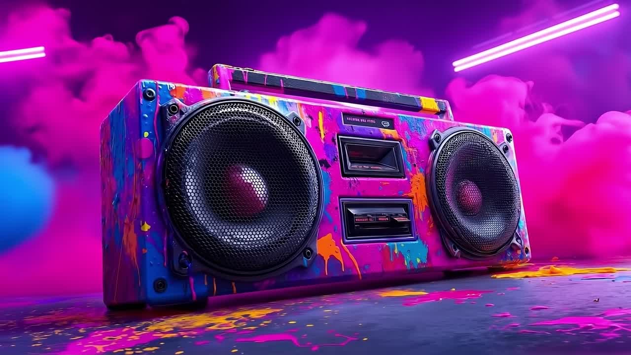 A colorful boombox sitting on top of a table covered in paint