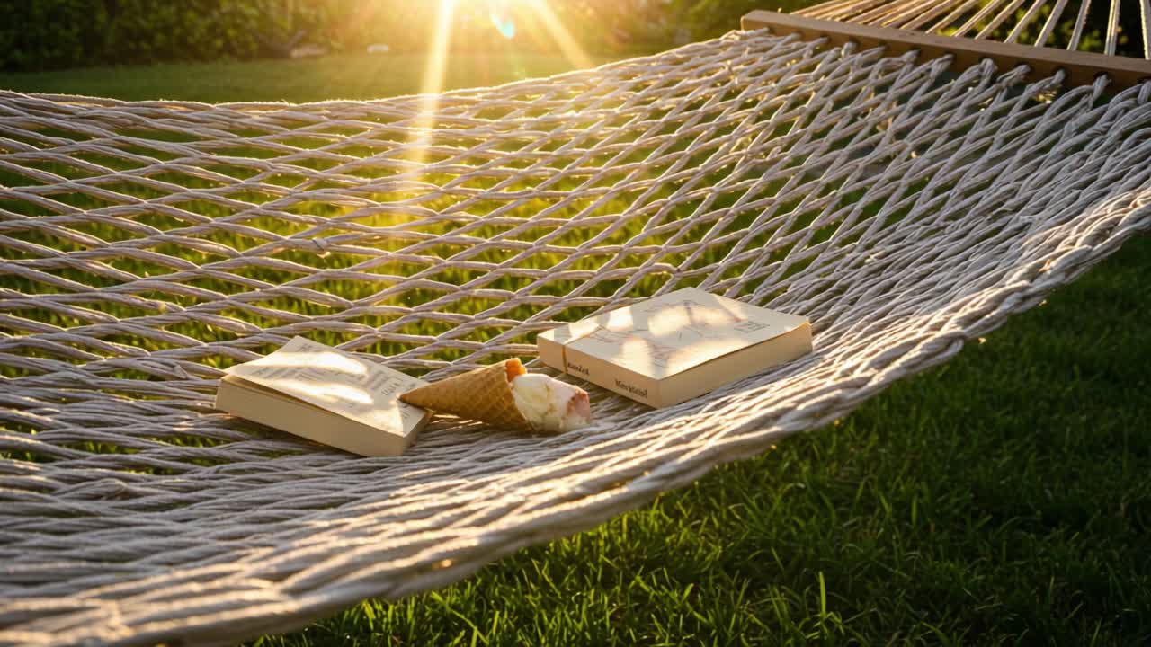 A serene afternoon in a sunlit garden featuring a cozy hammock, inviting books, and a delicious ice cream cone, perfect for relaxation and enjoyment.
