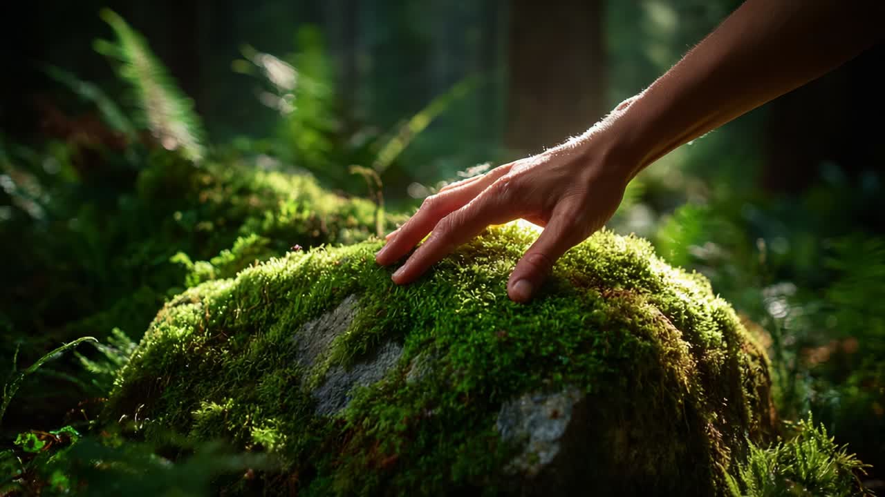 A Serene Exploration of Nature: A Hand Touching Lush Green Moss on a Rock in a Tranquil Forest Landscape Bathed in Gentle Sunlight, Illustrating the Beauty and Connection with the Natural World