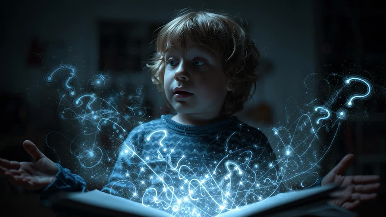 Bambino che esplora l'immaginazione attraverso le storie in una stanza accogliente di notte