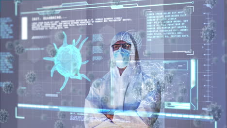 Animation of virus cells and digital interface over male doctor wearing face mask