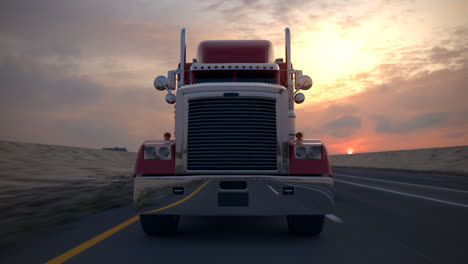 Animation-of-riding-the-18-wheel-delivery-red-truck-with-trailer.-The-heavy-monster-of-every-pathway.-High-distances-beautiful-cargo-transporter.-Inspiring-cloudless-blue-sky-background.-HD