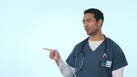 Happy-asian-man,-doctor-and-pointing-to-list