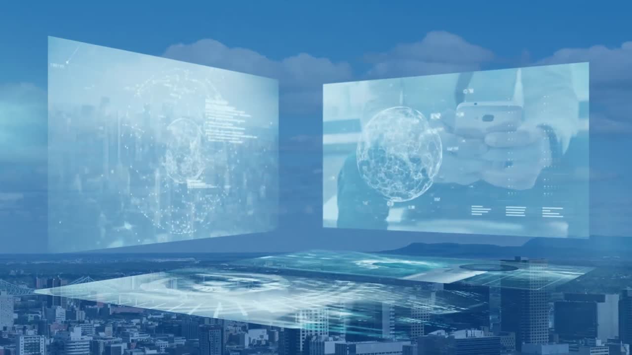 도시 풍경 위의 화면에서 데이터 처리의 애니메이션