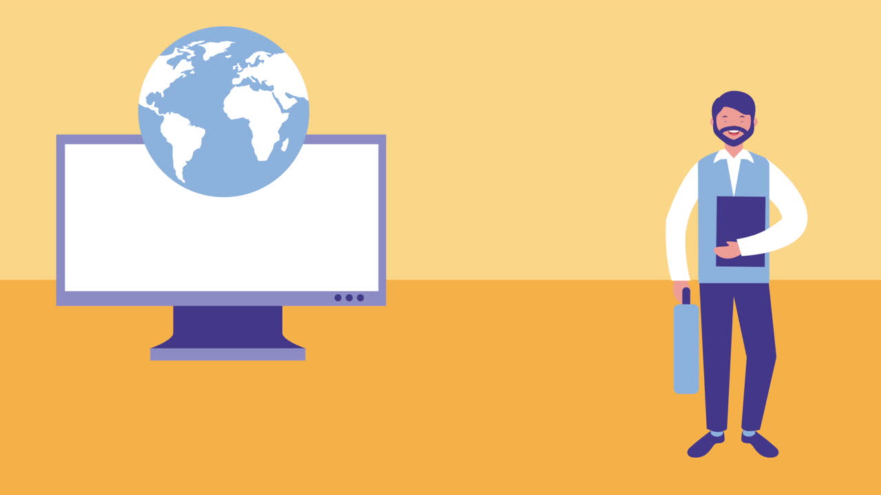 businessman with computer and planet avatar character