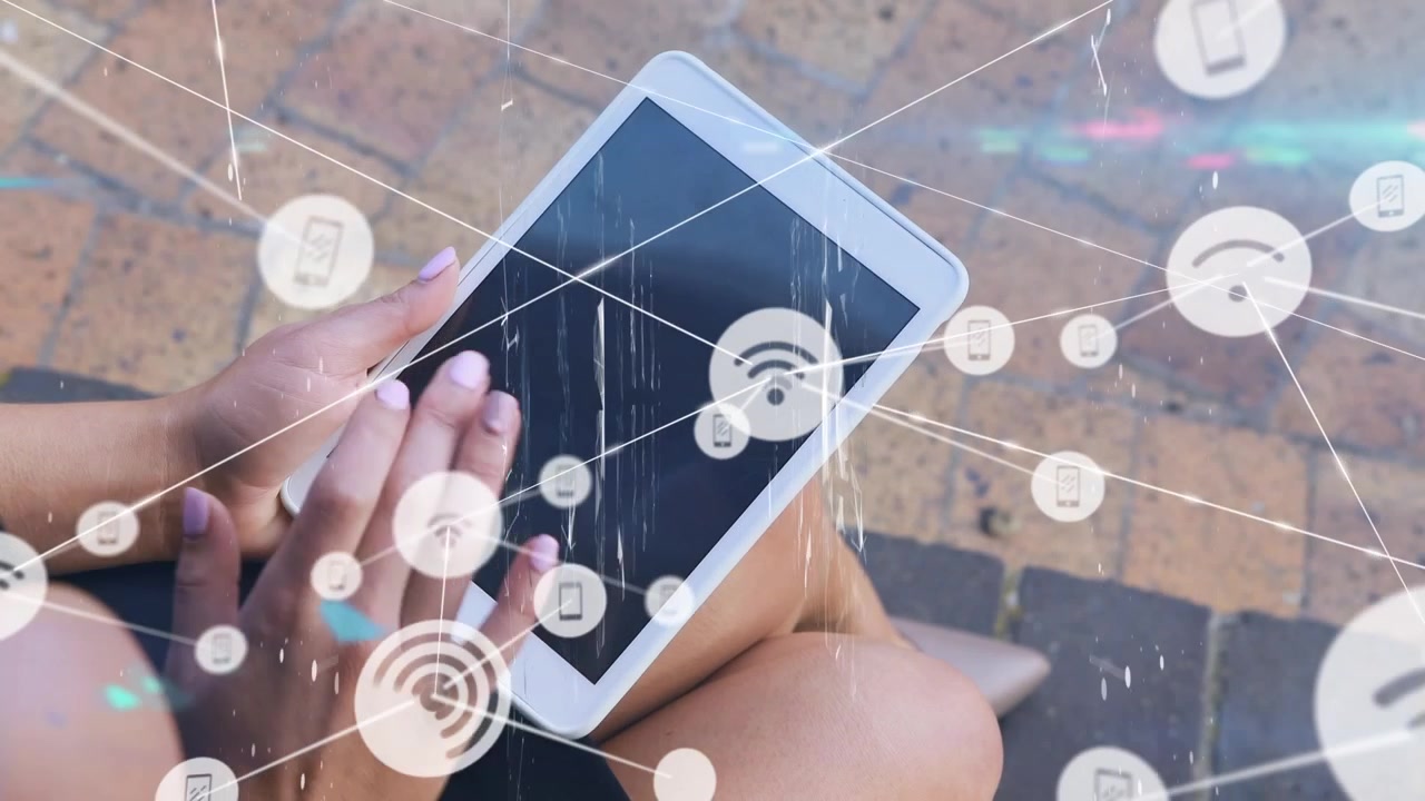 Animation of network of connections with icons over businesswoman using tablet