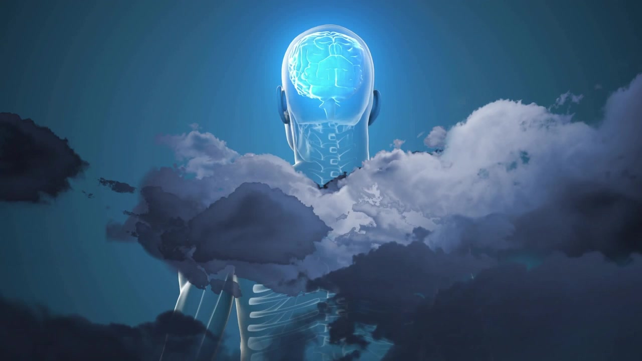 Un modelo de cerebro azul translúcido emerge y pulsa, la cabeza gira, las nubes se desplazan, mostrando la columna vertebral para su estudio.
