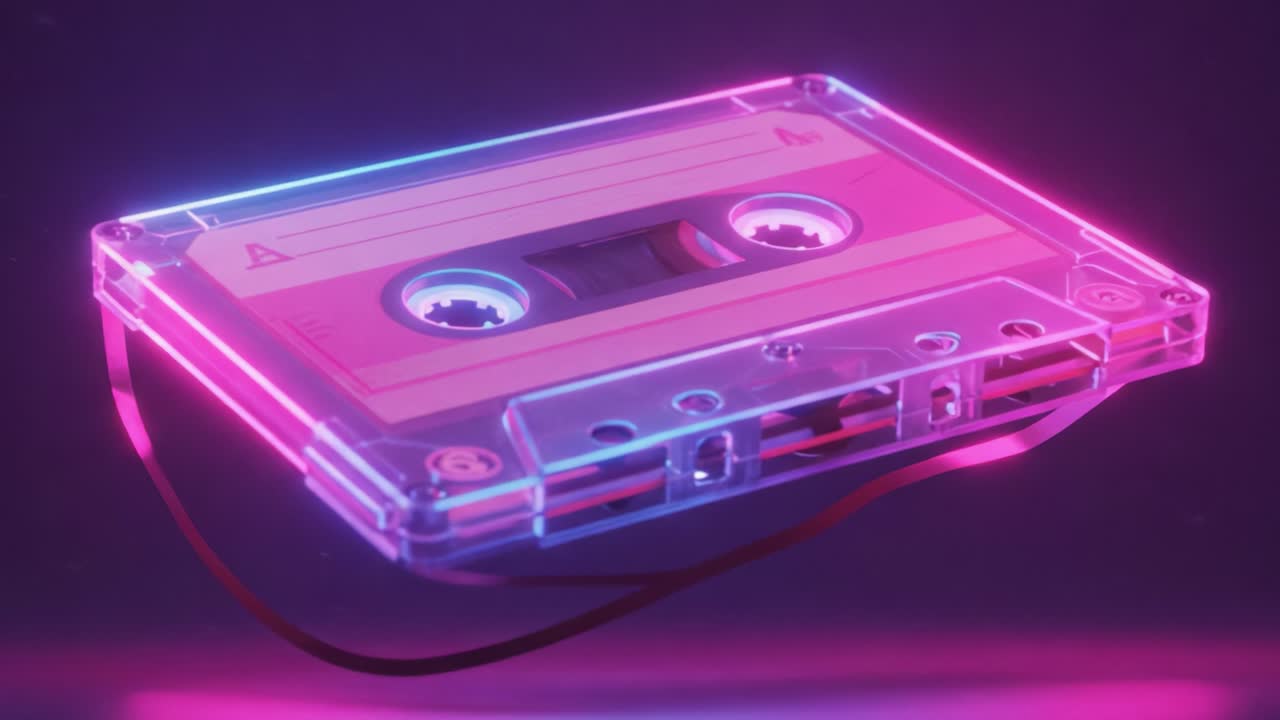 A Vibrant Retro Cassette Tape Glowing with Neon Lights, Perfectly Capturing the Nostalgia of Classic Audio Technology from the 1980s and 1990s in an Eye-Catching Design