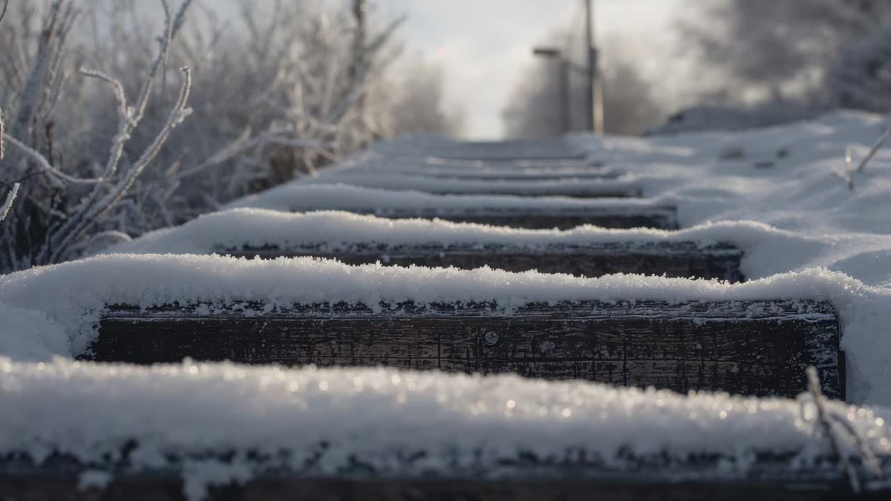 Tracking low-angle camera revealing weathered wooden steps on snowy slope, frost-coated grasses