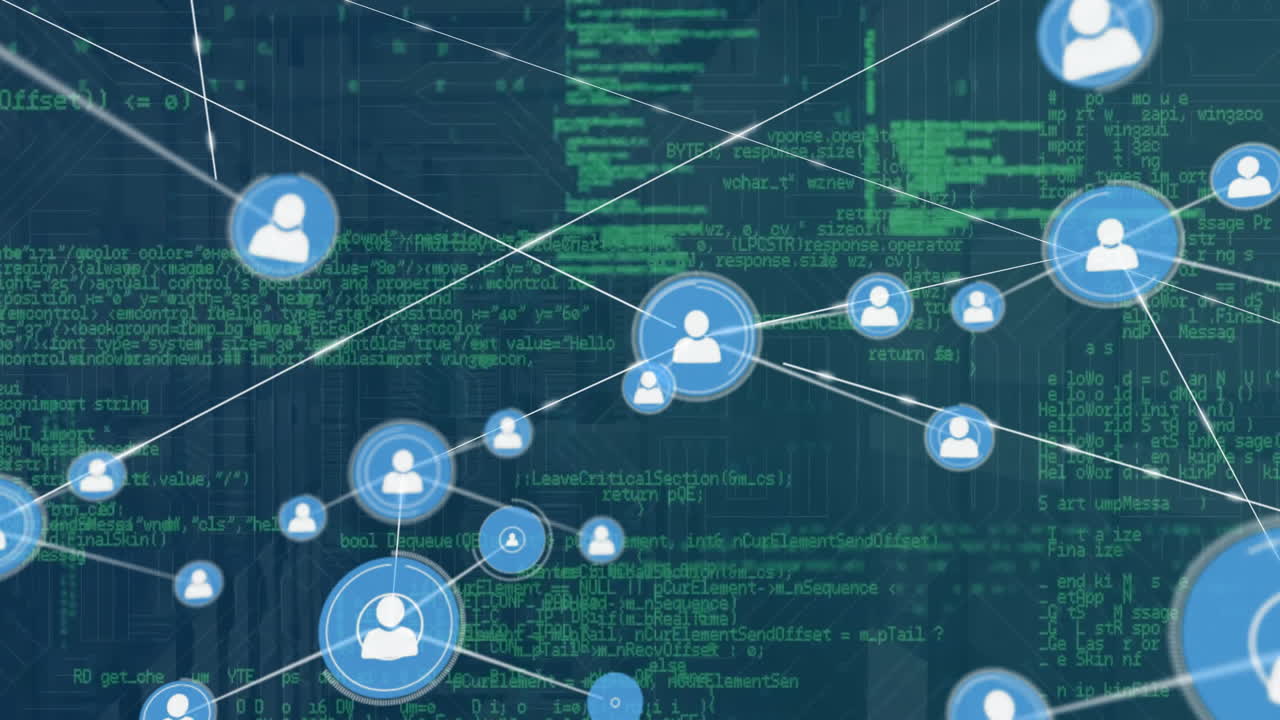 Animation of network of connections with icons and data processing over server room