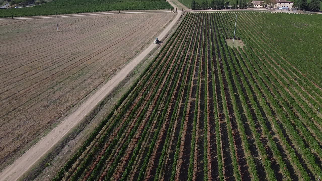 tractor agrícola moviéndose junto a verdes viñedos, toscana, italia
