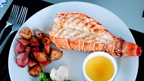 elegant lobster tail dish with potatoes, butter, broccoli, aerial perspective