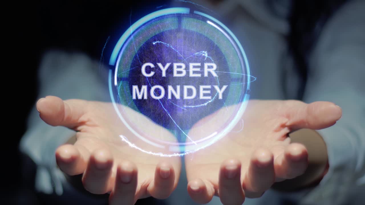 여성 손은 홀로그램 사이버 월요일을 보여줍니다.