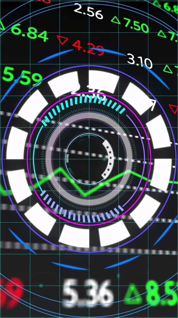 Video verticale: Widget HUD che si inizializza da un flusso di dati, anelli che ruotano e numeri finanziari che si aggiornano