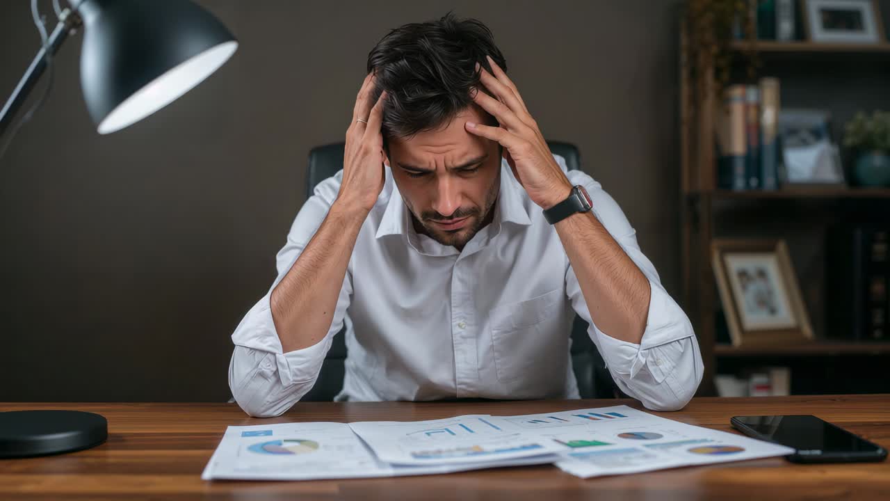 Seeing charts, man in white shirt pressing head while analyzing data at office, smartphone visible