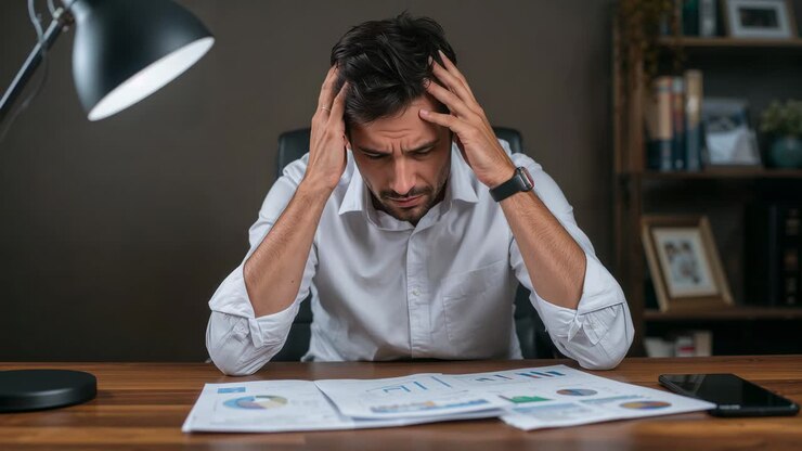 Seeing charts, man in white shirt pressing head while analyzing data at office, smartphone visible