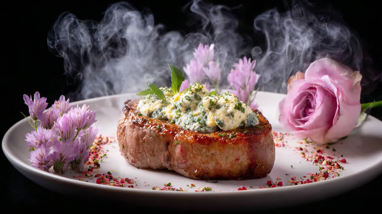 Elegantly Presented Gourmet Steak Dish with Herb Butter and Floral Garnish Surrounded by Delicate Smoke, Embodying Culinary Art at Its Finest