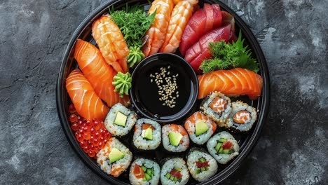 sushi platter with salmon, tuna, shrimp, avocado, and rice