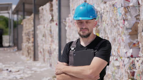 Retrato-De-Medio-Cuerpo-De-Un-Trabajador-En-Una-Planta-De-Reciclaje,-Push-in-En-Cámara-Lenta