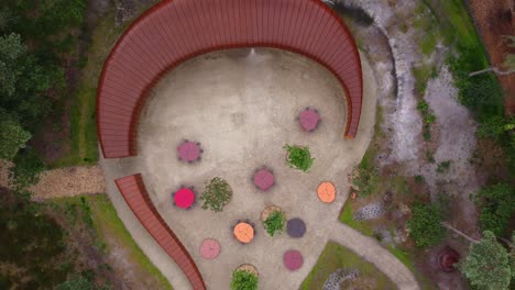 top down aerial view of park with seats and modern architecture in lommel, belgium